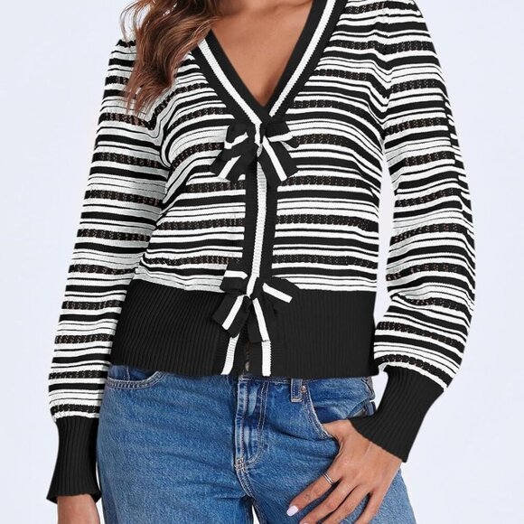 Womens Cropped Sweater Ribbed Knit V Neck Puff Sleeve Bow Tie Trendy Pullover - Picture 4 of 5